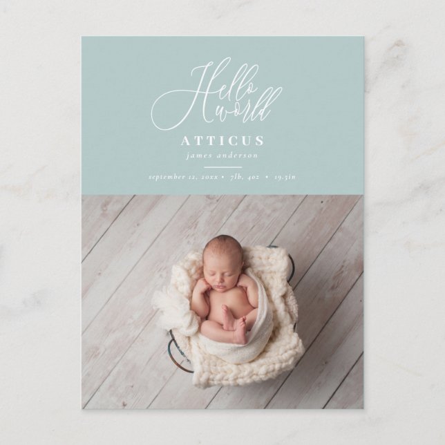 Hello world script text photo birth announcement (Front)