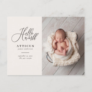 Hello world script text photo birth announcement