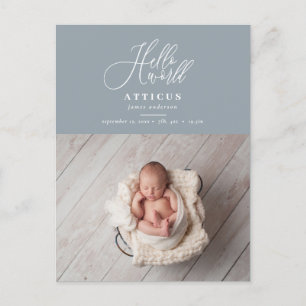 Hello world script text photo birth announcement postcard