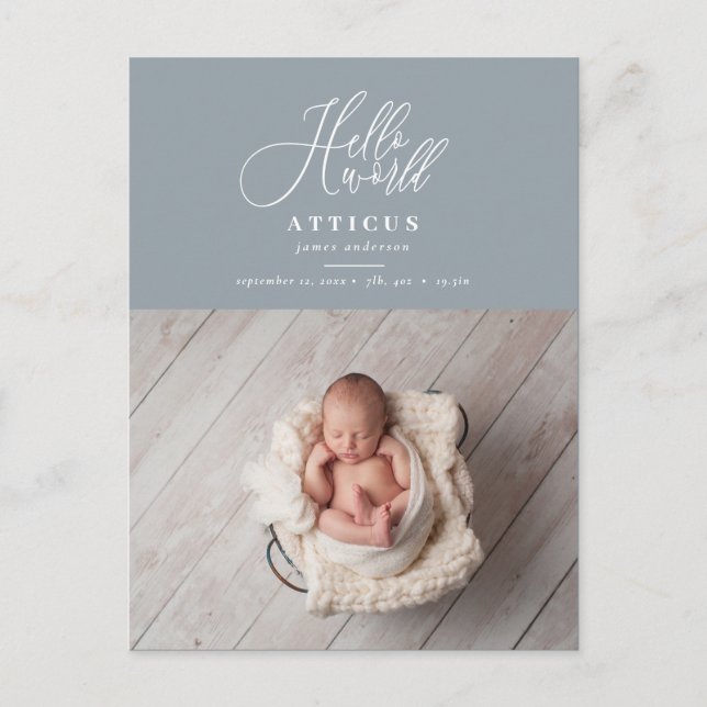 Hello world script text photo birth announcement postcard (Front)