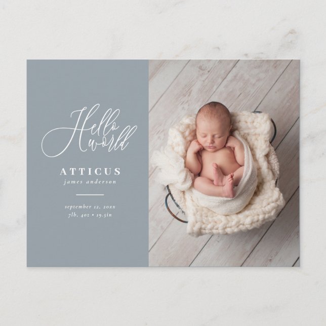 Hello world script text photo birth announcement postcard (Front)