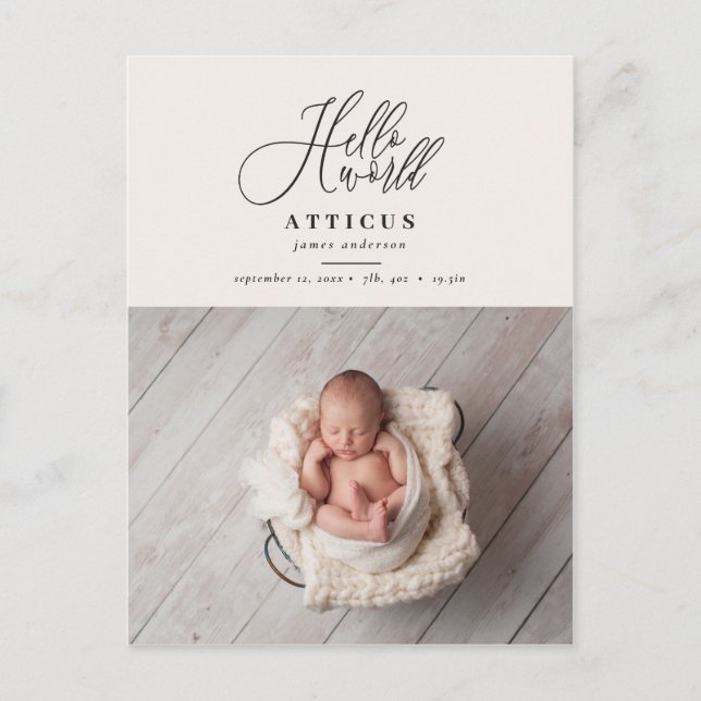Hello world script text photo birth announcement postcard (Front)