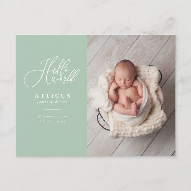Hello world script text photo birth announcement postcard (Front)