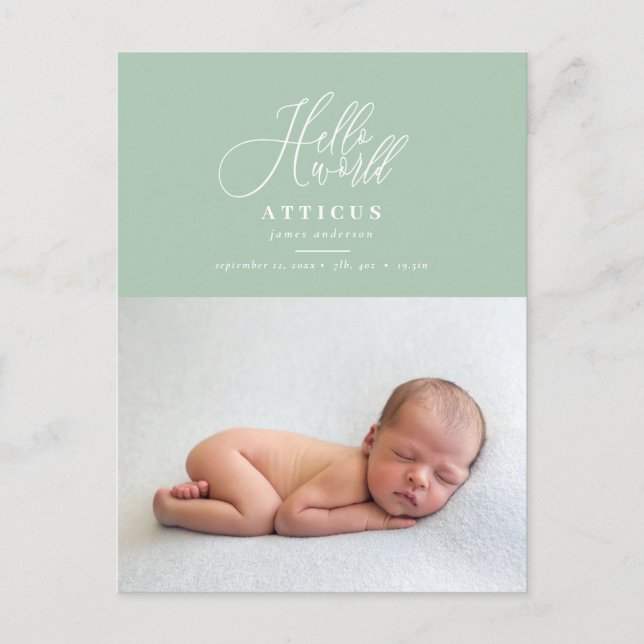Hello world script text photo birth announcement postcard (Front)