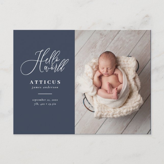 Hello world script text photo birth announcement postcard (Front)
