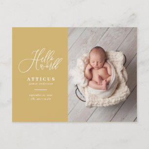 Hello world script text photo birth announcement postcard