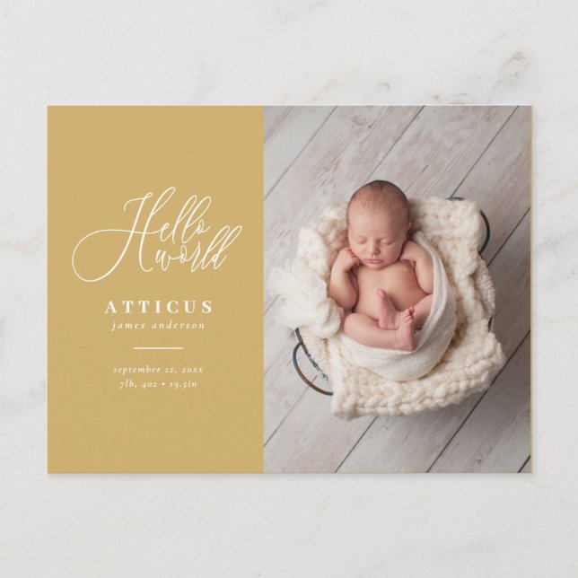Hello world script text photo birth announcement postcard (Front)