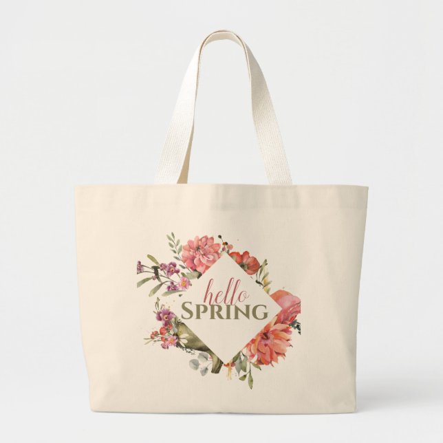 HelloSpring, Pink Floral Frame Large Tote Bag (Front)
