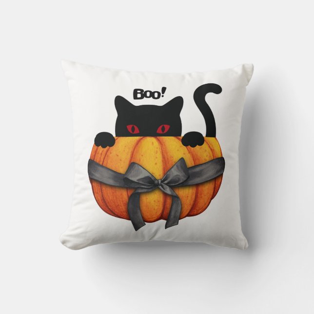 Helloween Black Cat in a Pumpkin Funny Gift Cushion (Front)