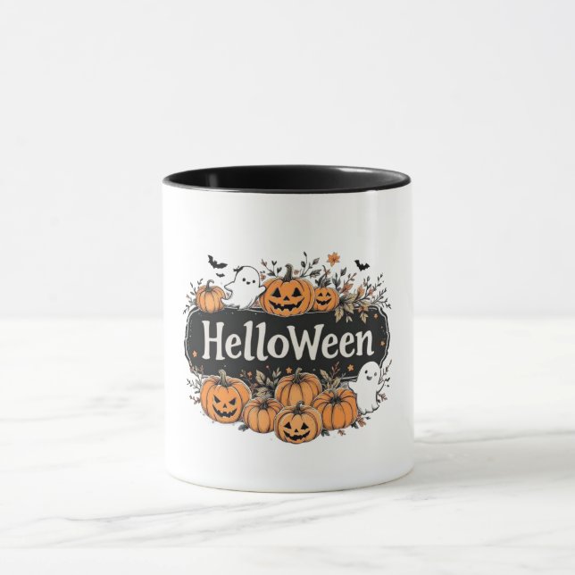 "HelloWeen" Halloween Pumpkin & Ghost Combo Mug (Center)
