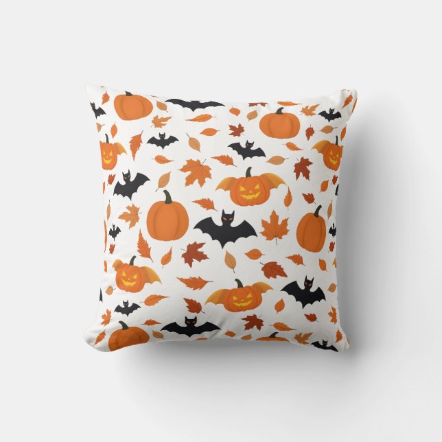 Helloween pattern | pumpkin, bat, autumn leaves. cushion (Front)