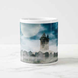 Helloween scene. Haunted house on graveyard. Large Coffee Mug