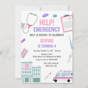 Help Emergency Kids Doctor Girl Birthday Invitation