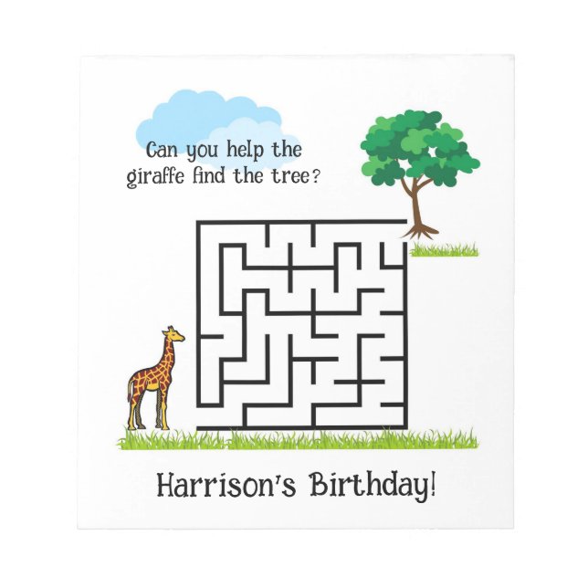 Help giraffe, tree birthday maze puzzle notepads (Front)