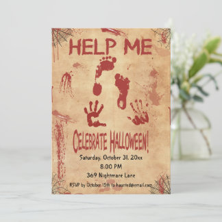 HELP ME Bloody Footprint & Handprint Halloween Invitation