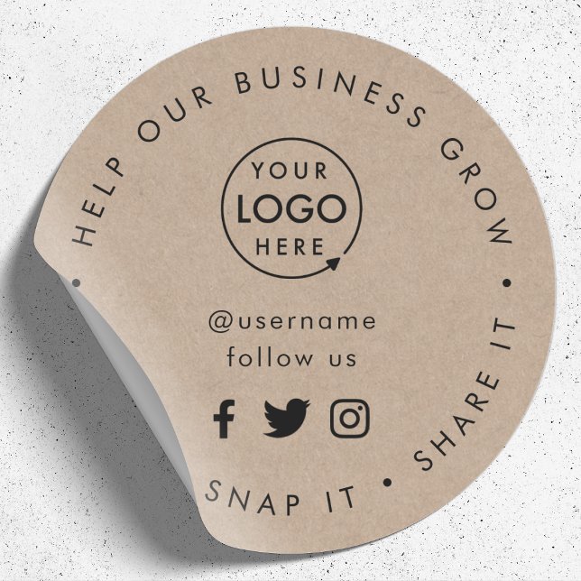 Help our Business Grow | Rustic Kraft Social Media Classic Round Sticker (Editable "Help our business grow" social media icon sticker branded with your business logo)