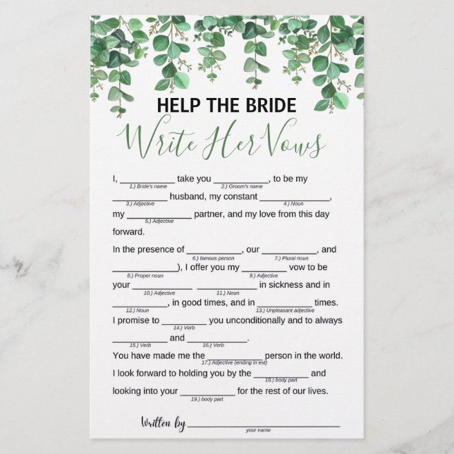 Help the Bride Write Her Vows Bridal Shower Game Flyer (Front)