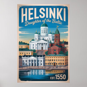 Helsinki Finland Retro Skyline Cityscape Travel Poster