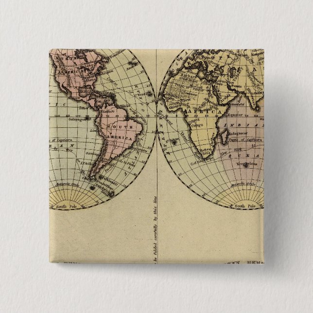 Hemispheres Hand Coloured Atlas Map 15 Cm Square Badge (Front)
