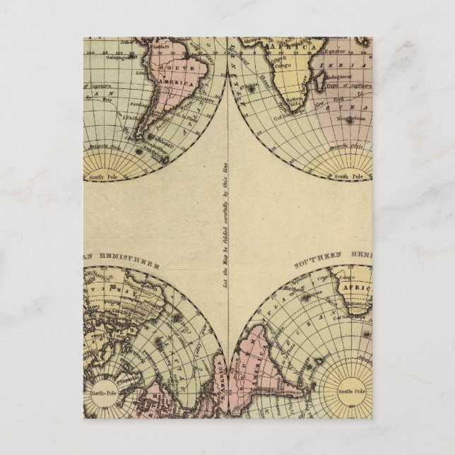Hemispheres Hand Coloured Atlas Map Postcard (Front)