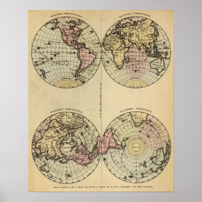 Hemispheres Hand Coloured Atlas Map Poster (Front)