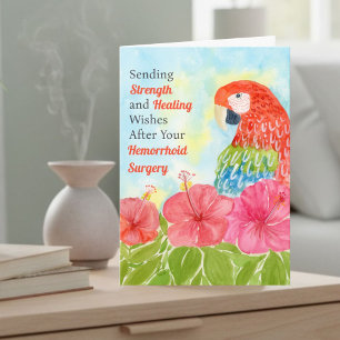 Hemorrhoid Healing Scarlet Macaws, Hibiscus Card