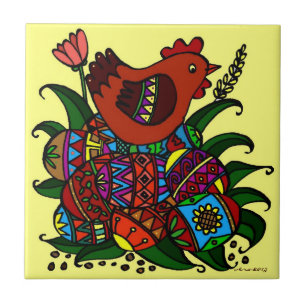 Hen and Pysanky Ukrainian Folk Art Ceramic Tile