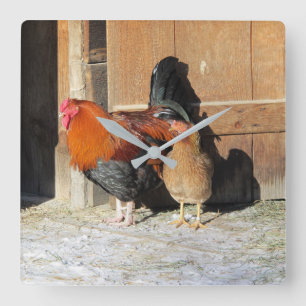 Hen and Rooster Rustic Chicken Kitchen Clock