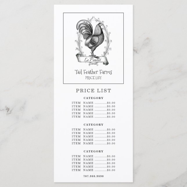 Hen Banner Farm Ranch Price Menu (Front)
