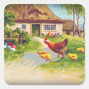 Hen, Chickens and Easter Eggs Square Sticker