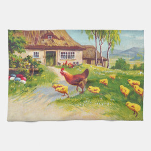 Hen, Chickens and Easter Eggs Tea Towel