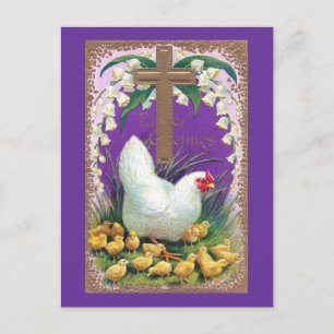 Hen, Chicks and Cross Vintage Easter Holiday Postcard