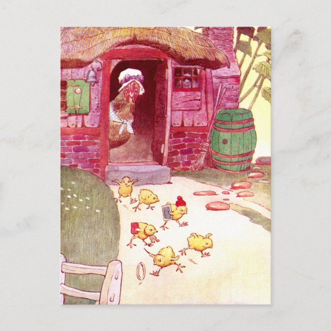 Hen in Pink House Watching Chicks Postcard (Front)