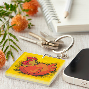 Hen on Nest Bright Farmyard Chicken Key Ring