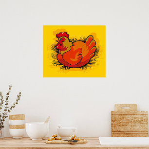 Hen on Nest Bright Farmyard Chicken Poster