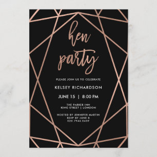 Hen Party   Faux Rose Gold Geometric on Black Invitation