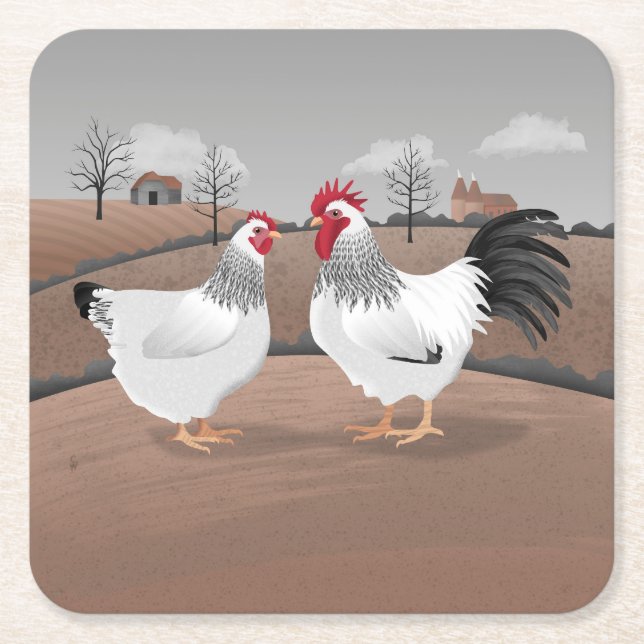 Hen & Rooster Square Paper Coaster (Front)