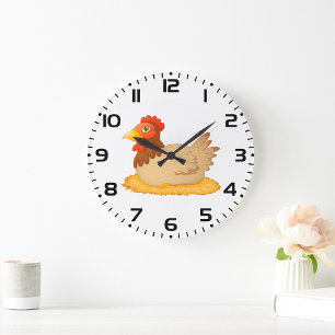 Hen Sitting on Nest Cute Farm Animal  Large Clock