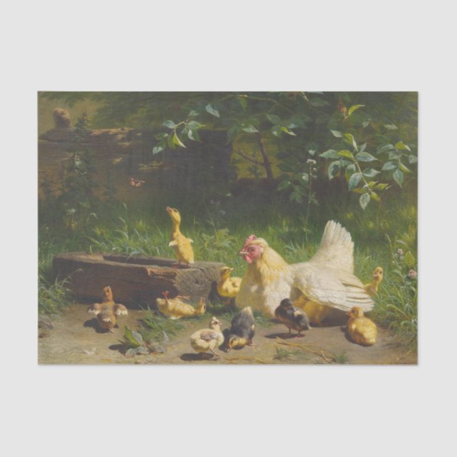 Hen with Chicks by Carl Jutz Tissue Paper (Front)