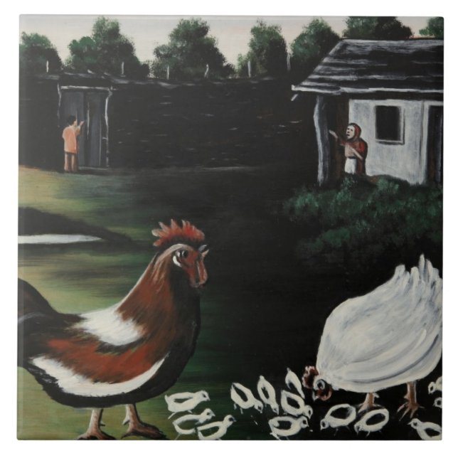 Hen with her Chicks in a Rural Farmyard Landscape Ceramic Tile (Front)