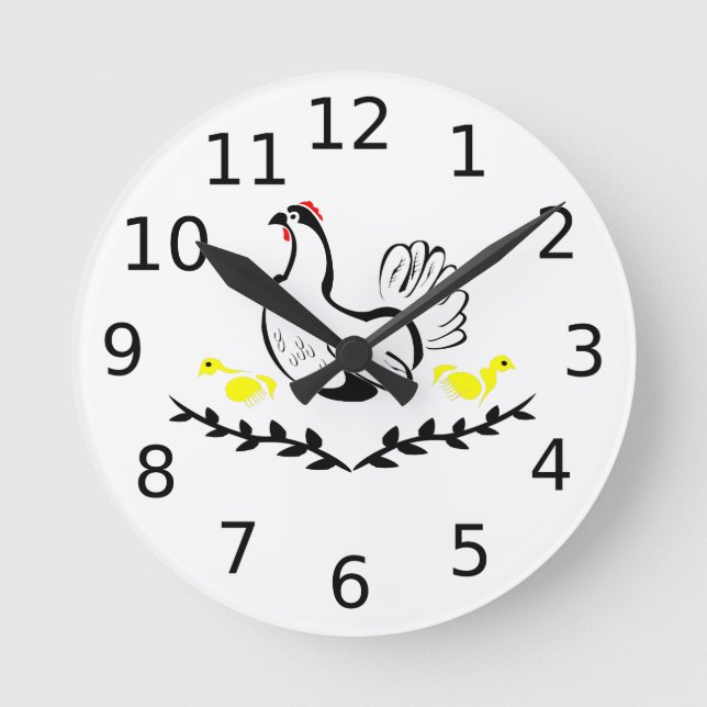 Hen with Yellow Chicks Line Art Round Clock (Front)