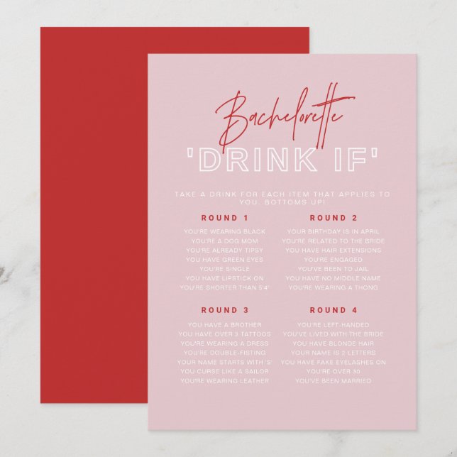 HENLEY Pink and Red Bachelorette Drink If Game Invitation (Front/Back)