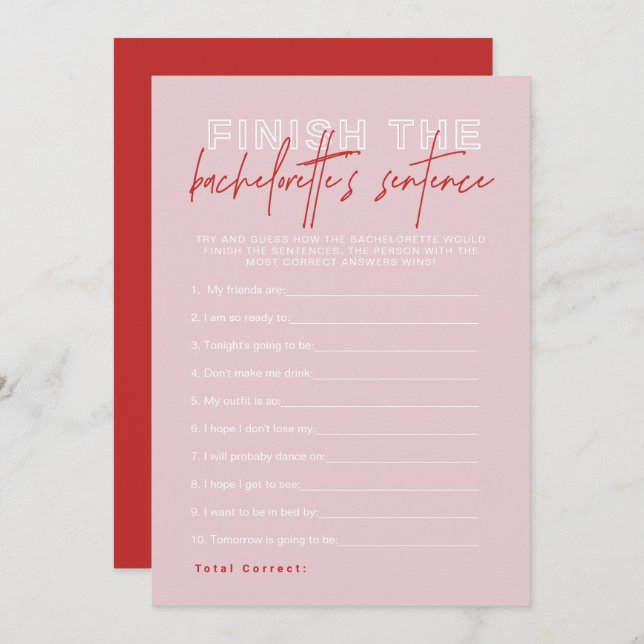 HENLEY Pink Red Finish the Bachelorette's Sentence Invitation (Front/Back)