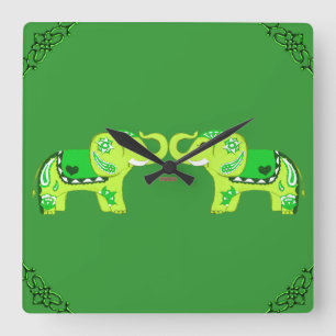 Henna Elephant (Green/Lime Green) Square Wall Clock