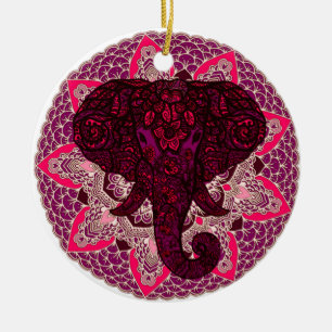 Henna Elephant Head Mandala Pink Mehndi Tattoo Ceramic Ornament