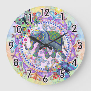 Henna Elephant Large Clock
