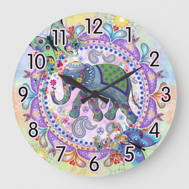 Henna Elephant Large Clock (Front)