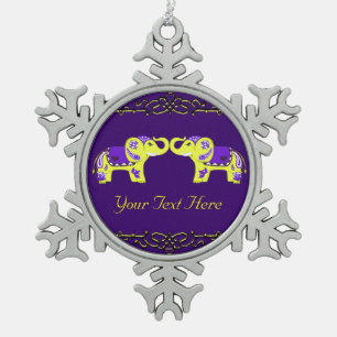 Henna Elephant (Yellow/Purple) Snowflake Pewter Christmas Ornament