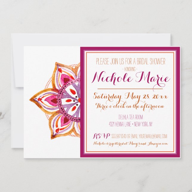 Henna Flower Bridal Shower Invitation Fuschia (Front)