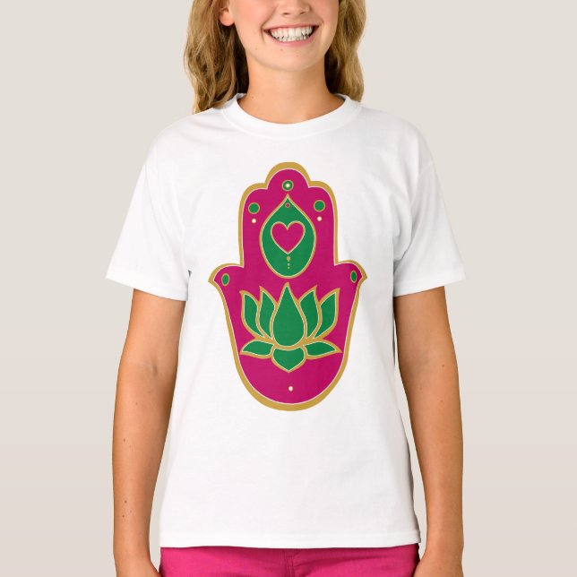 Henna Hamsa Lotus Green & Pink T-Shirt (Front)